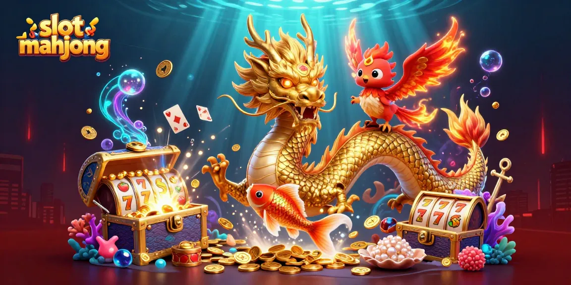 Spin the slot mahjong reels with this vibrant illustration of a dragon, phoenix, and koi fish.