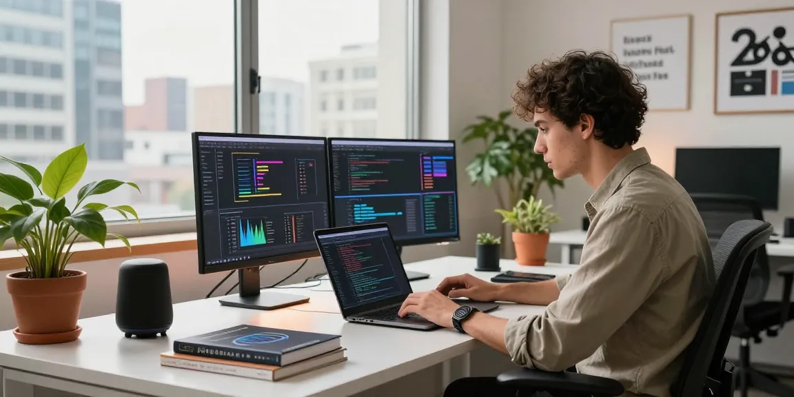 Engineer coding AI automation workflows in modern tech workspace with dual screens and city view.
