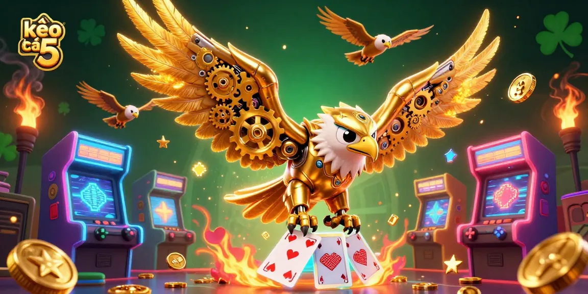 Experience kèo nhà cái 5 with an ultra-detailed 3D illustration featuring a golden eagle and casino elements.