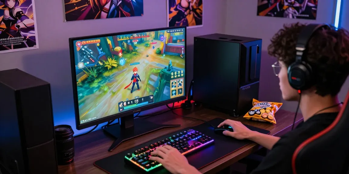 Player enjoying hentaigames on high-resolution gaming setup amidst vibrant RGB lighting and immersive surroundings.