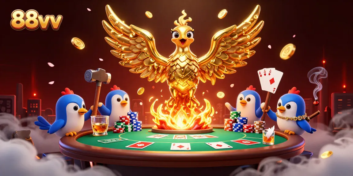 Win big at 88vv with a golden phoenix casino illustration showcasing vibrant gaming elements.