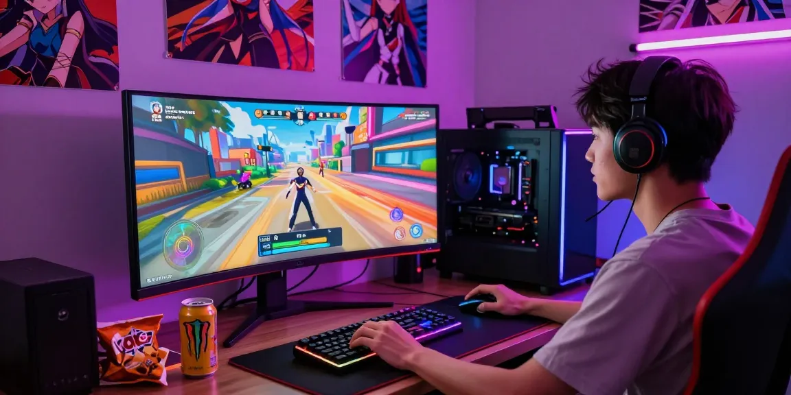 Immersive gaming experience with a player enjoying a hentai game on a vibrant setup featuring colorful anime graphics.