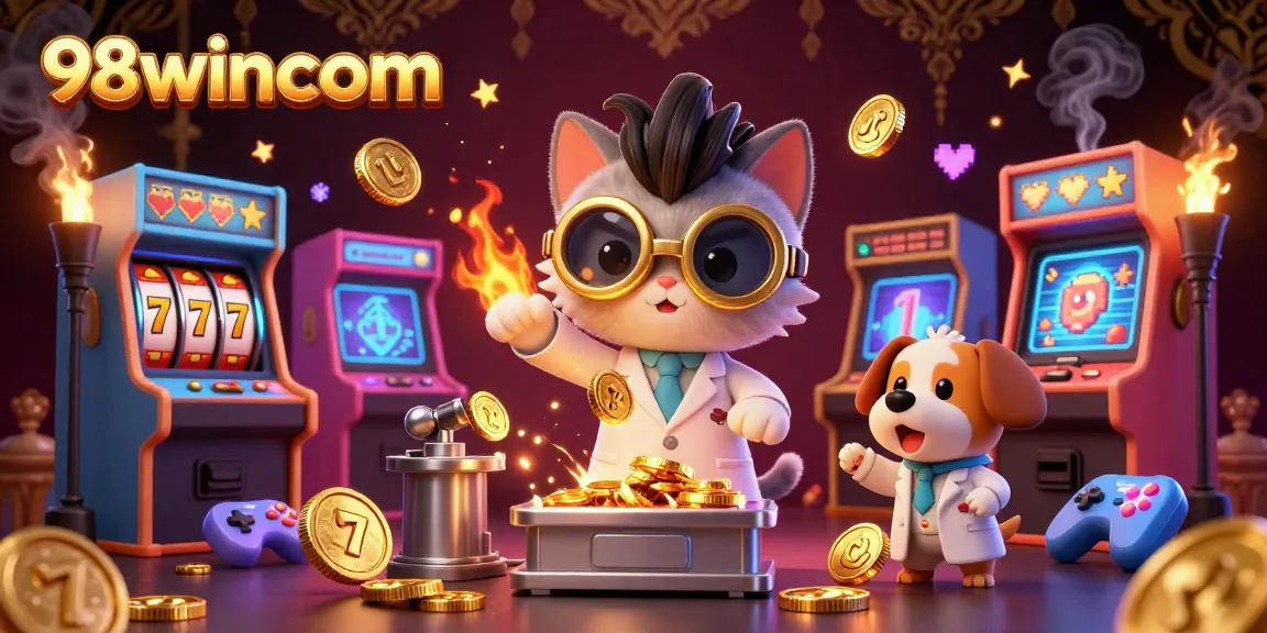 Spin to win at 98wincom's vibrant casino featuring a whimsical scientist and dog.
