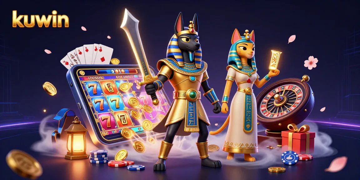 Kuwin gaming scene featuring Anubis and Bastet with vibrant casino elements and slot games.