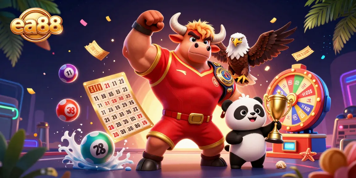 ea88 captures excitement of winning with vibrant characters, lottery balls, and dynamic casino elements.