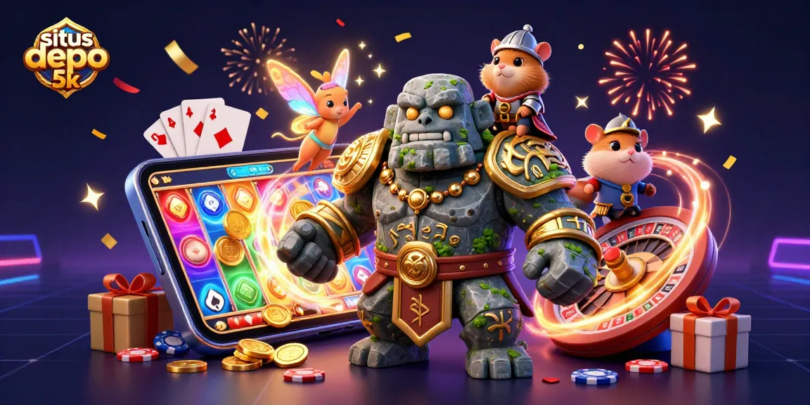 Situs depo 5k showcases an engaging 3D illustration featuring a golem guardian, fairy companion, and hamster knight in an exciting slot gaming scene.