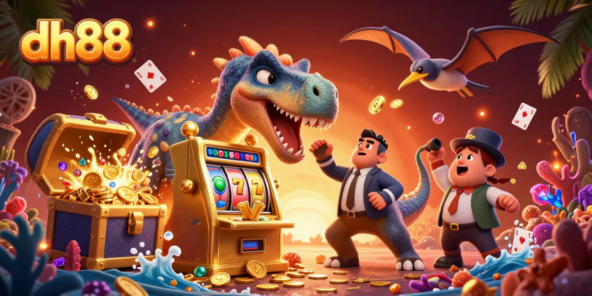 dh88 brings excitement with a dinosaur hitting a jackpot slot, surrounded by vibrant casino elements.