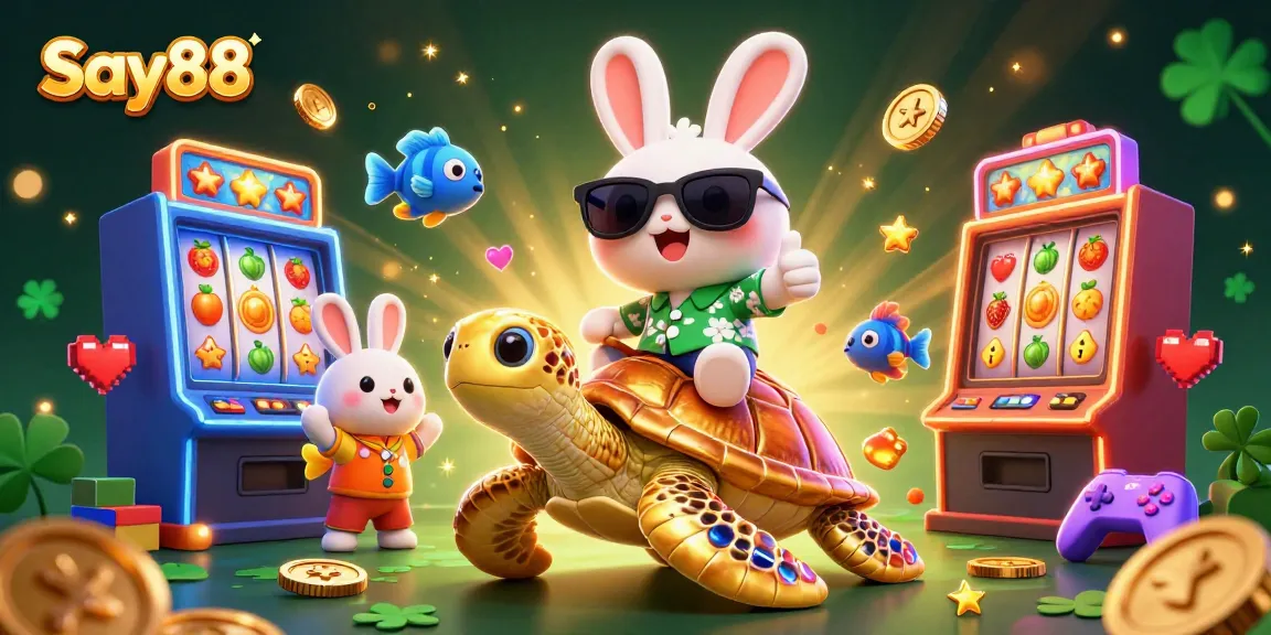 Experience exciting slots and jackpots at Say88, featuring a lucky rabbit and a golden turtle in a vibrant casino illustration.