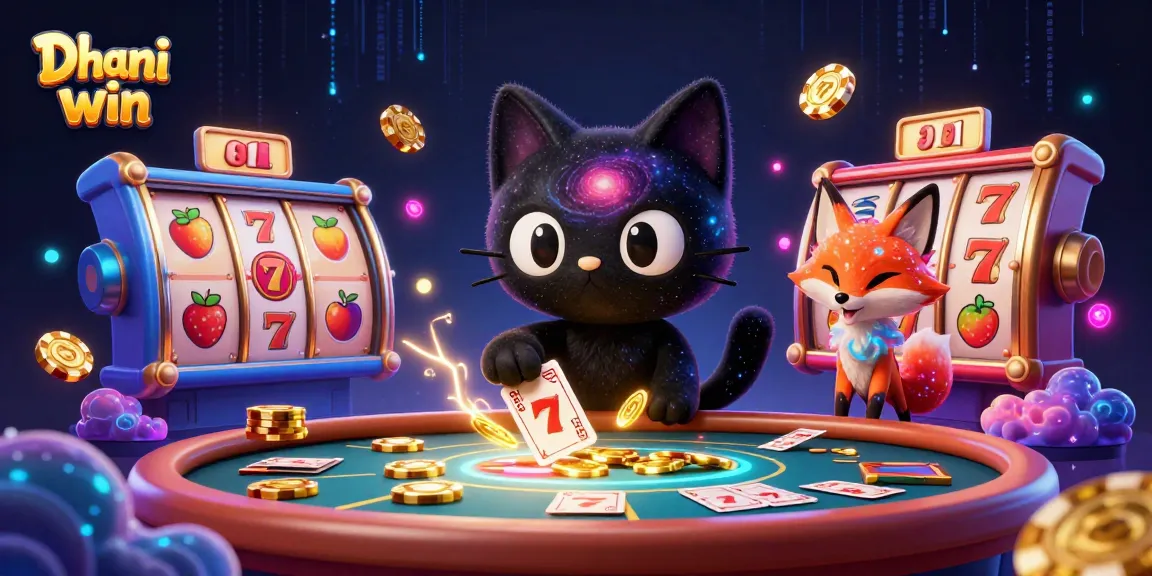 Dhani win players enjoy vibrant casino gameplay with a cartoon black hole cat and nebula fox.
