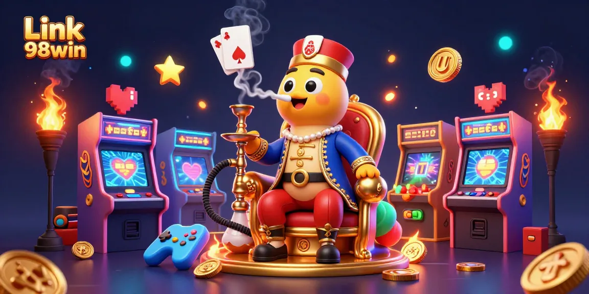 Engage with thrilling games at Link 98win, showcasing colorful arcade machines and vibrant casino elements.