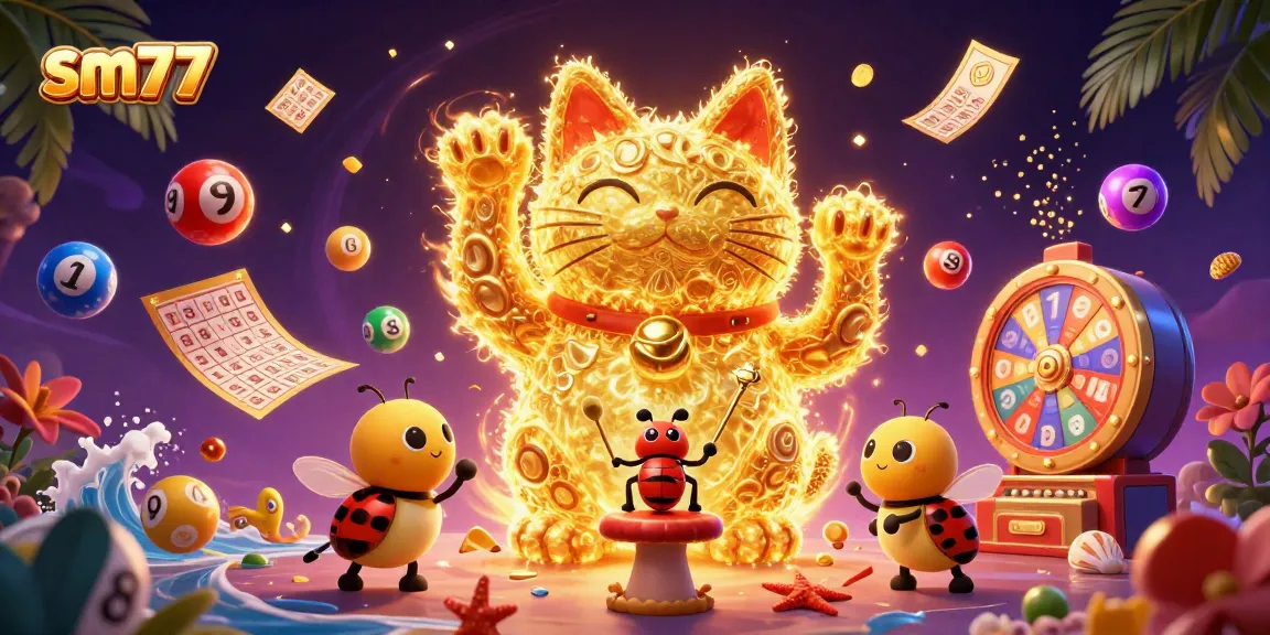 Experience the thrill of sm77 with dynamic lottery elements and a lucky cat illustration.