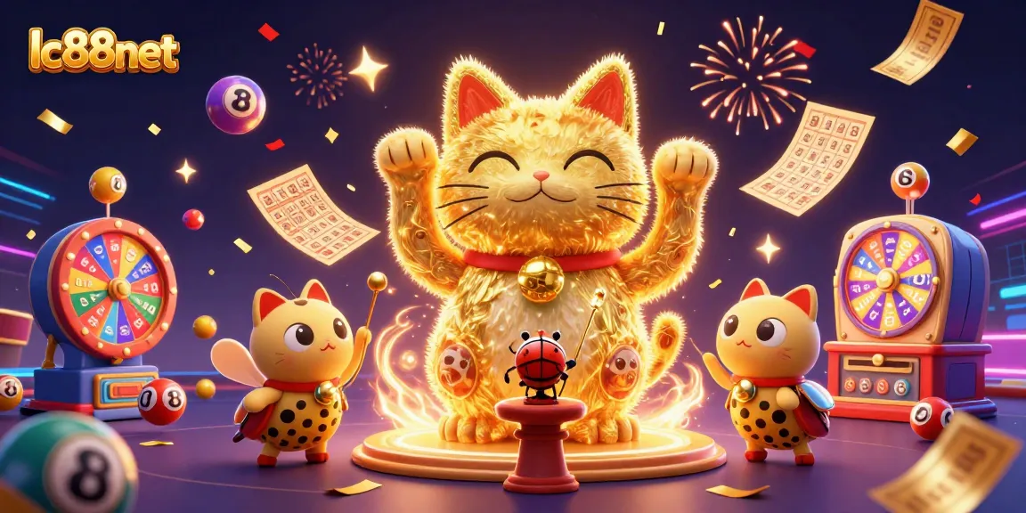 Experience the excitement of lc88net with a vibrant illustration of a lucky cat surrounded by dynamic casino elements.