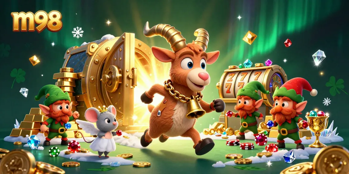 Experience thrilling m98 casino adventures with festive characters in a dynamic 3D illustration.
