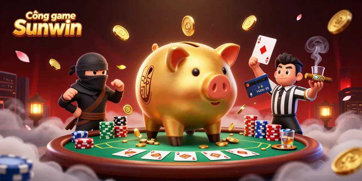 Cổng game Sunwin showcases a dynamic 3D illustration featuring energetic characters engaged at a poker table, exuding vibrant casino excitement.