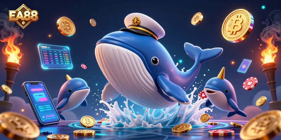 Experience EA88 with a whimsical 3D depiction of a whale breaching a sea of coins, symbolizing online gaming.
