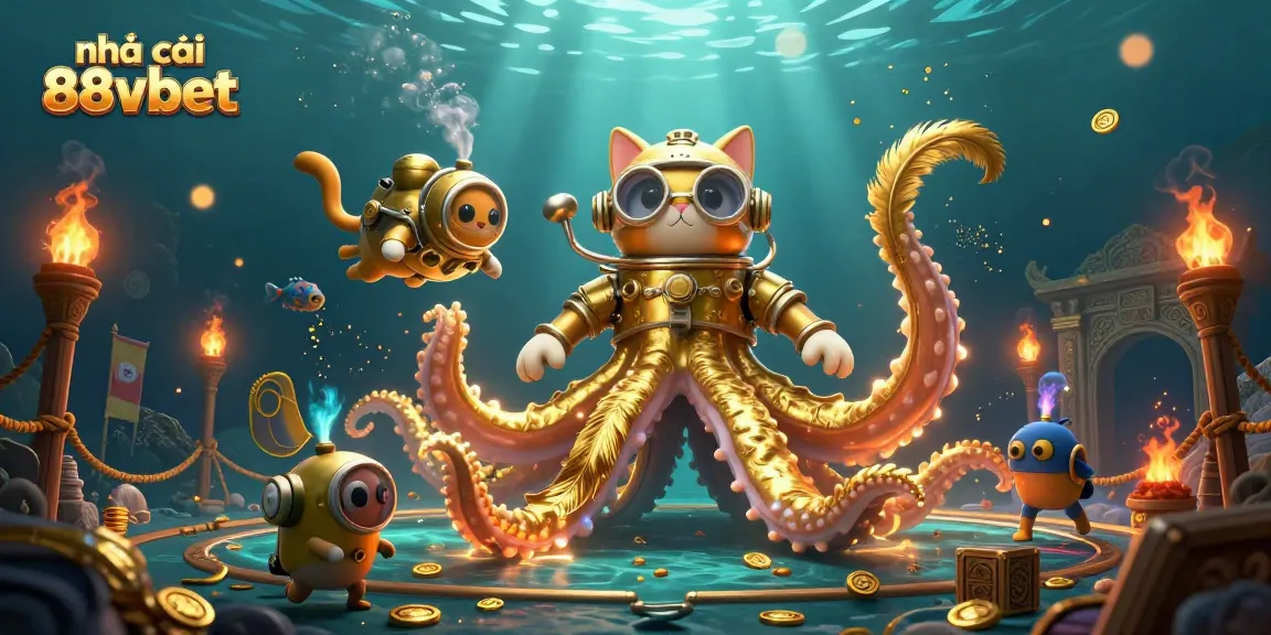 Experience the excitement of nhà cái 88vbet with an illustrated deep-sea adventure featuring a kraken and a diving cat.