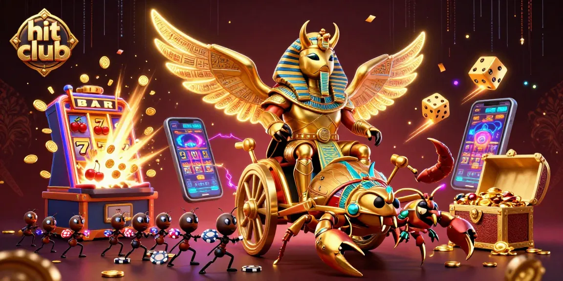 Play exciting games at hit club with a vibrant golden scarab and casino visuals.