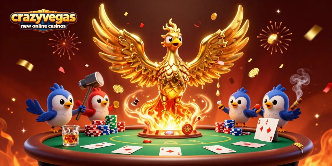 Engage with crazyvegas new online casinos through an exhilarating 3D scene portraying a molten phoenix and dynamic poker elements.