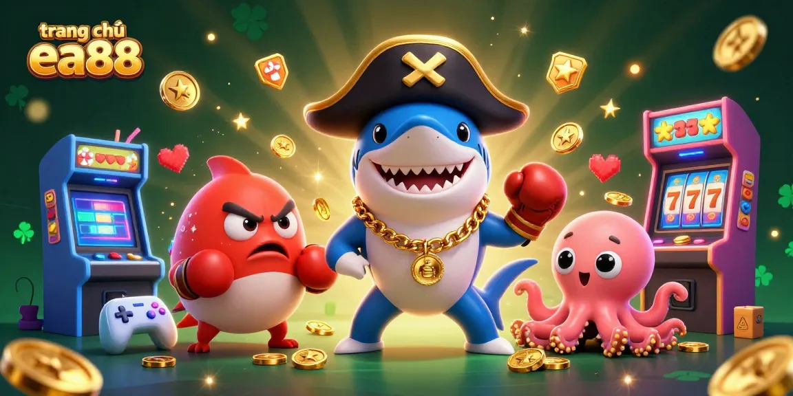 Engage with exciting slots at trang chủ ea88 showcasing a playful shark, pufferfish, and octopus amid vibrant casino elements.