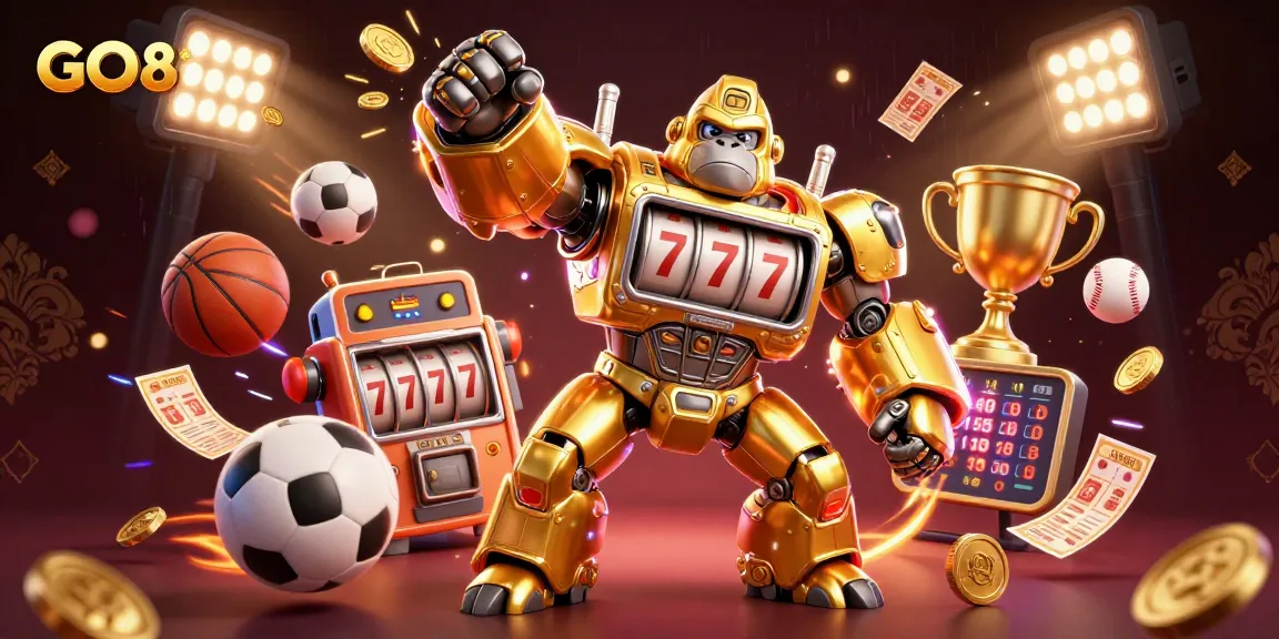 GO88 golden gorilla mech launching coins in a vibrant casino-themed scene with sports elements.