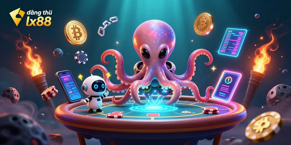 Engage with the exhilarating world of đăng ký lx88 at the holographic poker table with an alien octopus and its robot sidekick.