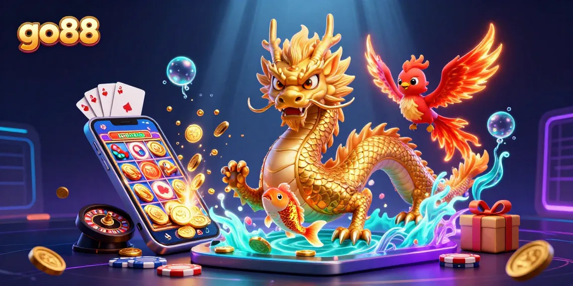 Betting with go88 dragon, phoenix, koi fish amidst casino games and golden coins.