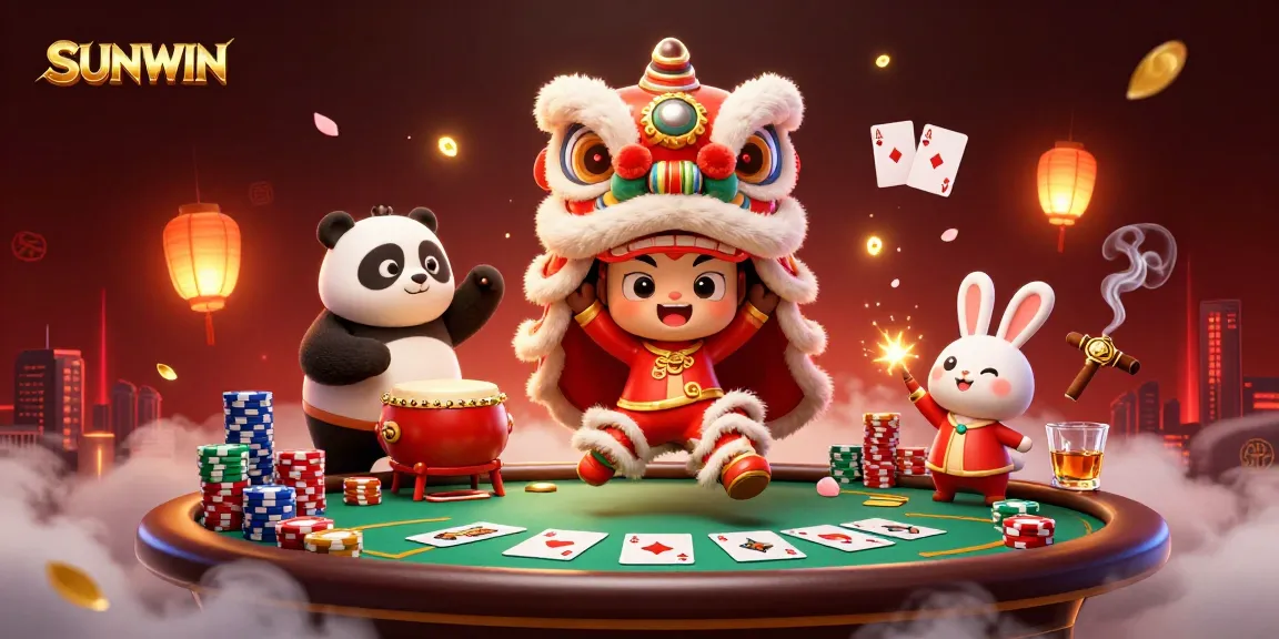 SUNWIN players engaging in a lively online casino setting with festive characters and vibrant game elements.
