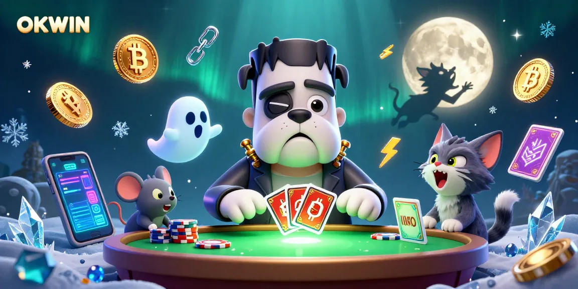 Engage with OKWIN's vibrant gaming scene featuring dynamic characters and crypto elements.